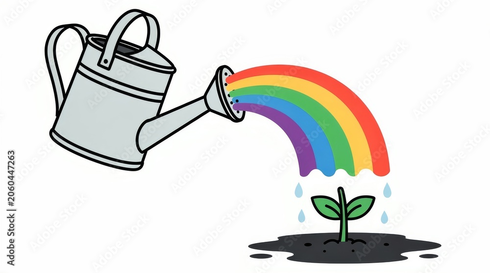 Naklejka premium Classic Metal Watering Can Pouring a Colorful Rainbow Stream of Water Onto a Fresh Green Plant in Soil