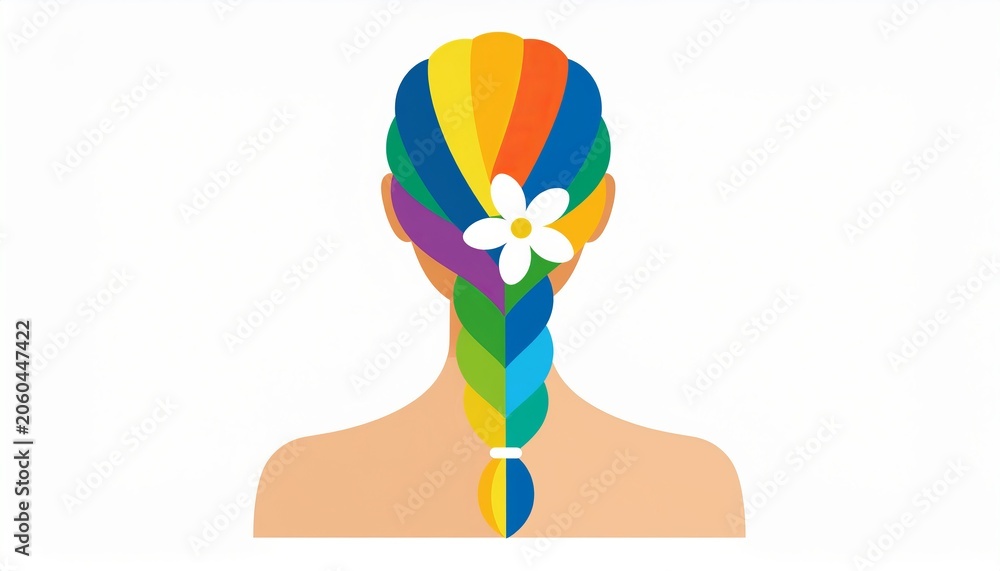 Naklejka premium Colorful Braid Filled With Rainbow Stripes and Adorned With a White Flower Adds Charm and Joy to the Spring Day