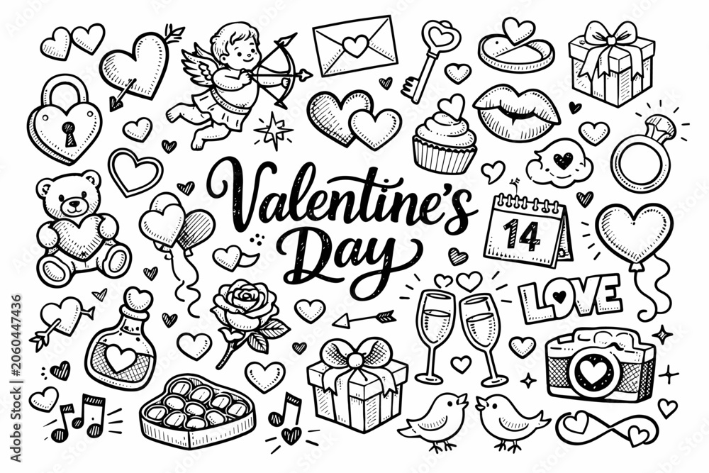 Obraz premium Love and romance symbols for Valentine day, hand drawn doodle elements set, center hand-lettered title, black and white vector line