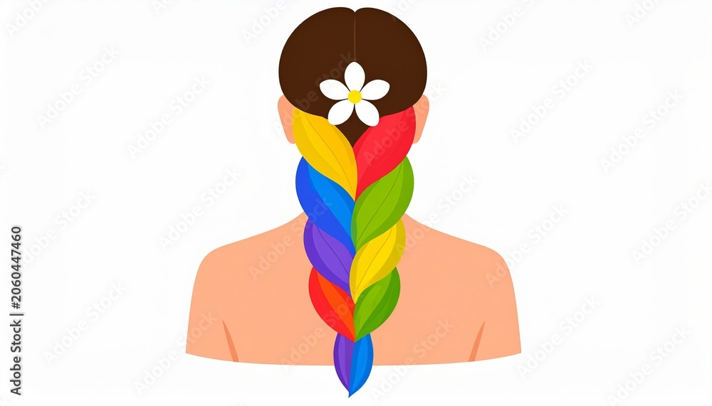 Naklejka premium Vibrant Rainbow Braid Flows Down a Smooth Back, Adorned With a Delicate Flower for a Whimsical Touch of Charm