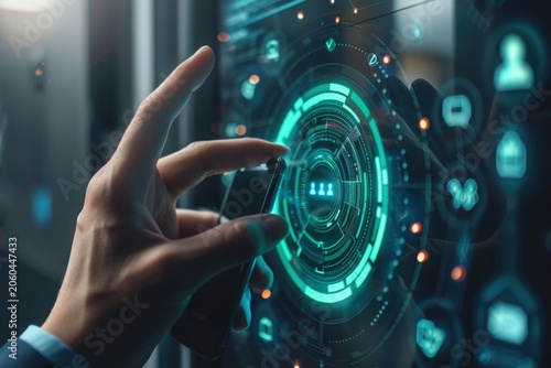 Access control concept. Businessman using mobile smartphone with virtual access control icon for access security personal data. Automatic access control system