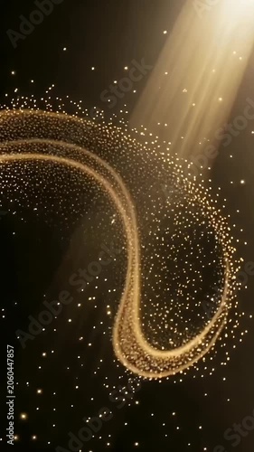 Golden particles form glowing ring under bright light beam in dark space with scattered sparkles and cosmic dust floating around.