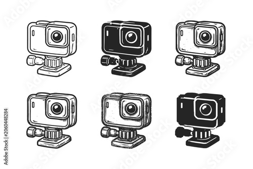Versatile Camera Design Variants. Miniature sports camera with mountable design for helmets, bikes, or vehicles