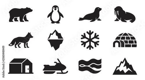 Arctic, winter, animal icons, 12 black silhouette symbols, polar wildlife, snow, ice, cold climate