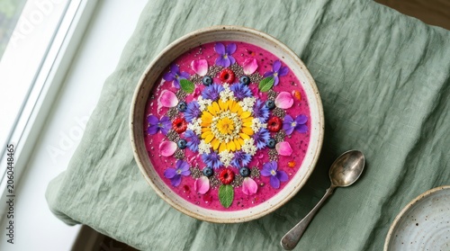 Vibrant pink smoothie bowl with edible flower mandala art during bright natural daylight on a rustic linen cloth