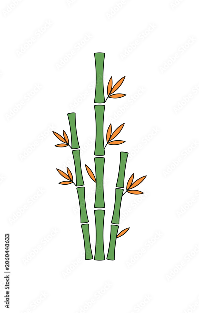 Obraz premium Minimal bamboo stalks with small orange leaves on clean white background, bamboo, stalks, leaves, orange, green, plant, botanical,