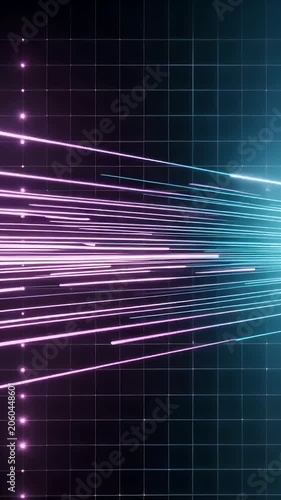 Neon laser beams converge in a digital grid space with glowing particles and futuristic aesthetic design elements for tech backgrounds.
