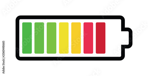 Horizontal battery icon with multicolor charge bars on clean background, battery, charge, energy, power, icon, green, yellow, red,