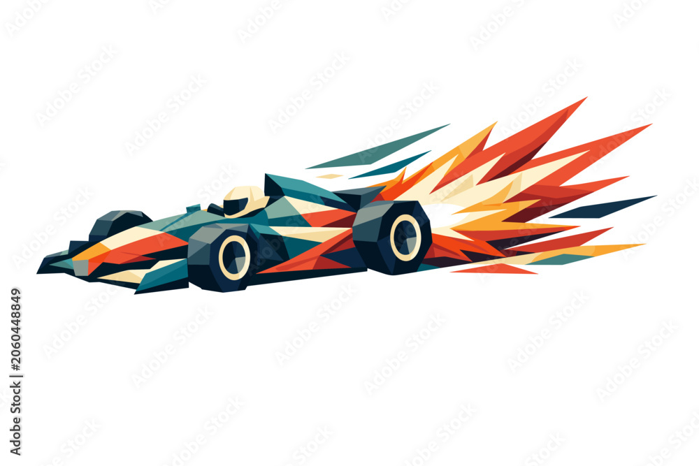 Naklejka premium Abstract geometric racing car speeds forward with vibrant fiery exhaust trails