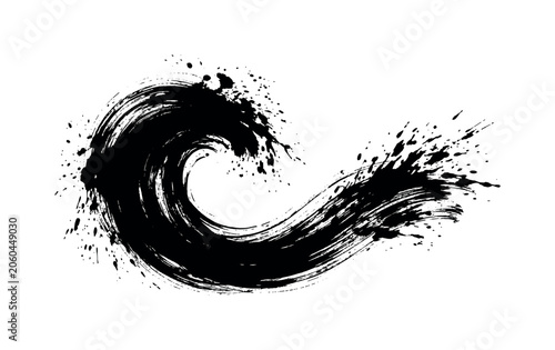 Black ink wave brush stroke with splashing texture on white background, wave, brush stroke, ink, black, splash, texture, paint,