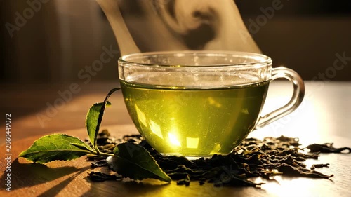 Steaming Cup of Green Tea with Fresh Leaves and Dried Tea Leaves.
