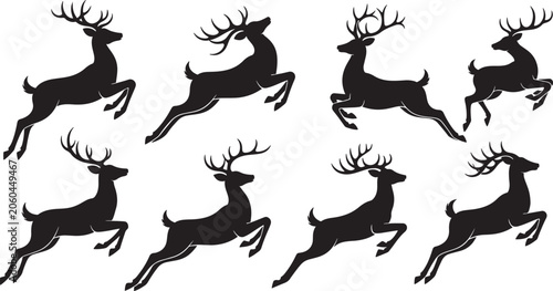Editable vector silhouette illustration of jumping deer in forest, isolated on transparent.