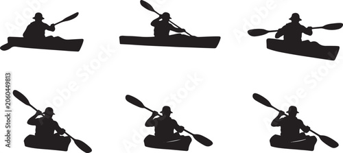 Editable vector silhouette illustration of kayaker paddling in water, isolated on transparent.