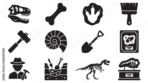 Schilderij op canvas Dinosaur, fossil, excavation icons, black, vector graphics, 12 symbols, paleonto
