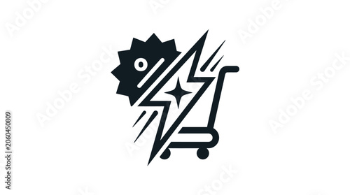 Minimalist flat 2D logo icon for Black Friday shopping event with integrated discount badge in black and white design