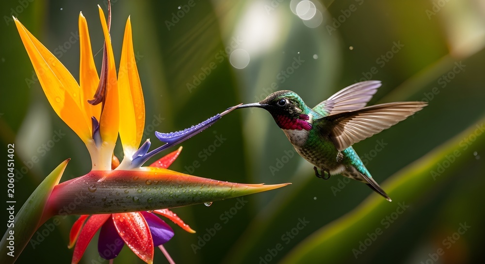Fototapeta premium Hummingbird with iridescent green and red feathers hovers mid-air while feeding from a vibrant orange and yellow bird-of-paradise flower.