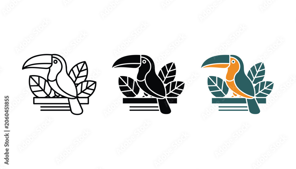Obraz premium Toucan bird on branch icon set showcasing linear solid and colored vector illustrations for wildlife themes