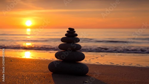 Zen Stacked Stones on Beach at Sunset Serene Ocean Waves Calmness.