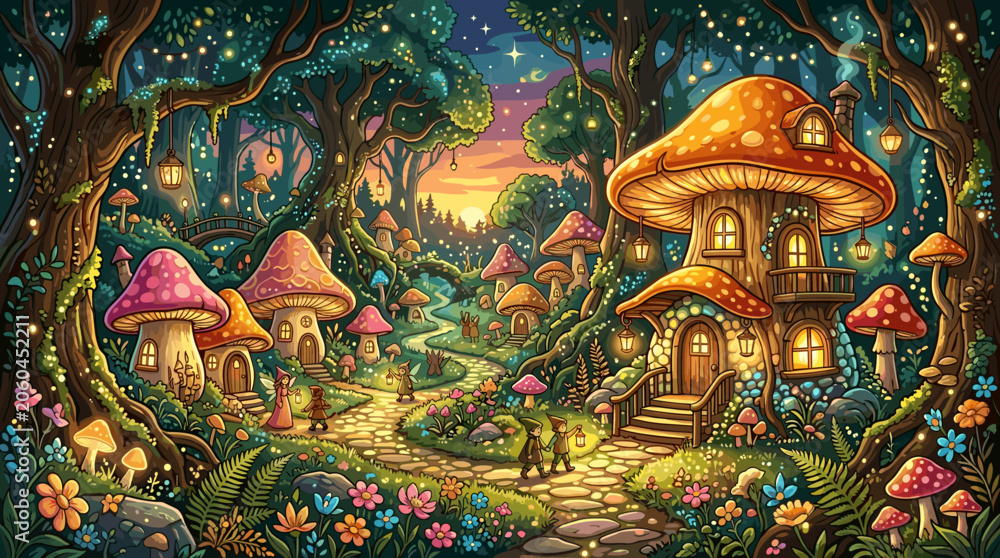 Fototapeta premium Fantasy mushroom village with glowing cottage and magical forest path, mushroom village, fantasy, cottage, forest, path, mushrooms