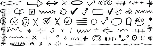 Foto Collection of handdrawn black doodle graphic elements and symbols on a transpare