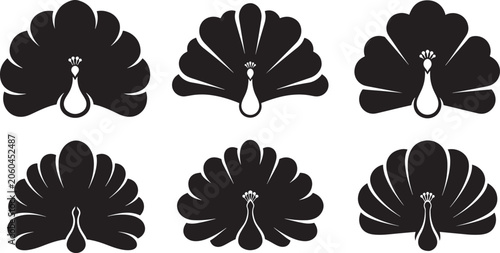 Set of peacock feather editable vector silhouette illustration, high quality vector silhouette isolated.