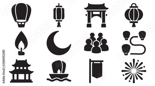 Cuadro en lienzo Chinese festival icons, Asian culture symbols, lanterns, pagodas, black vector g