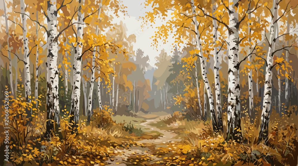 Fototapeta premium Autumn birch forest painting background: birch trees, autumn forest, golden leaves, painting, landscape, woodland, white trunks,