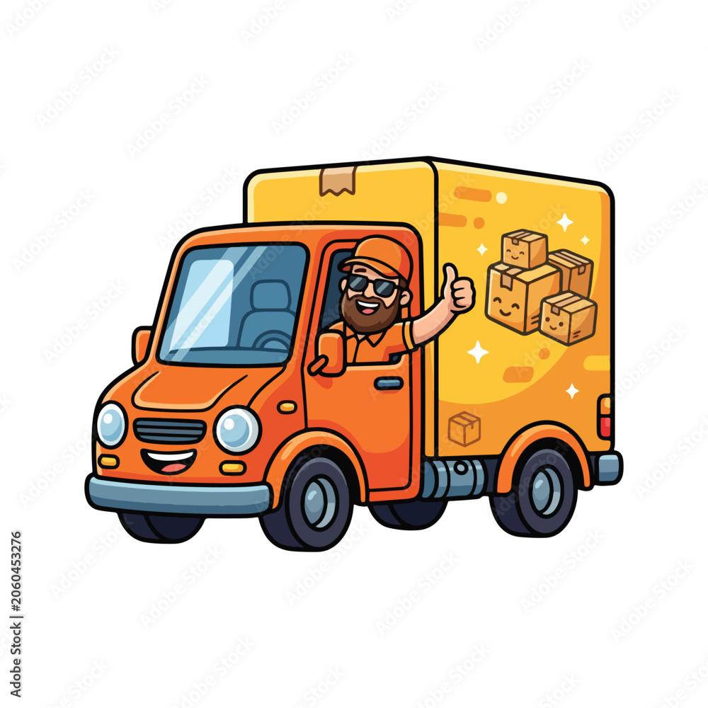 Fototapeta premium Happy delivery driver giving thumbs up and waving from a cartoon delivery truck