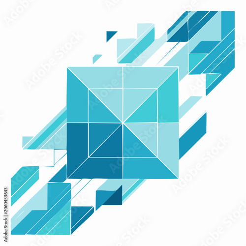 Abstract Geometric Composition with Blue and Teal Cubes and Lines