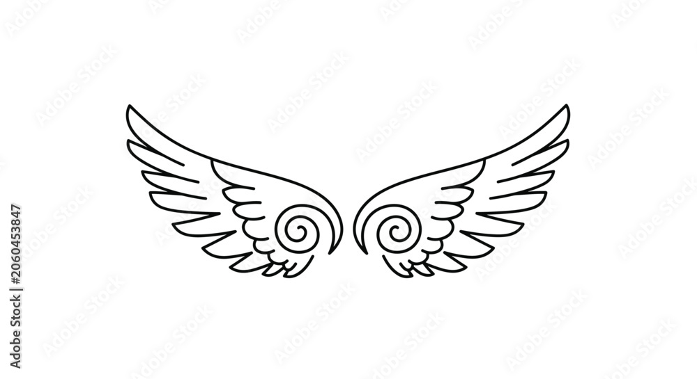 Fototapeta premium Simple black outline of angel wings with circular spiral decorations in a modern minimalist style.