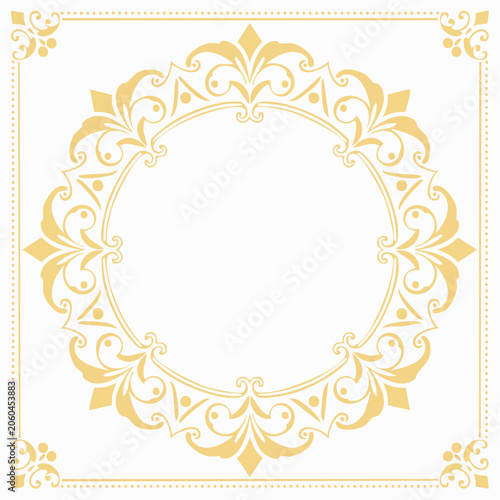 Ornate Golden Circular Frame with Floral Swirls and Decorative Border