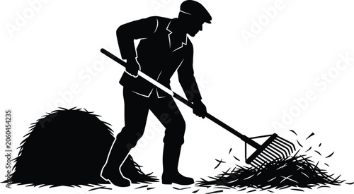 Bild auf Leinwand Man raking leaves or hay, silhouette against white background, rake