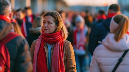 Diverse football supporters walking toward stadium entrance in warm evening light