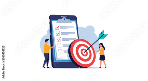 Tiny people achieving their goals using check list on smart phone screen with arrow hitting a target bullseye.