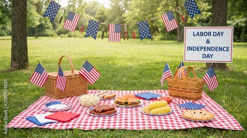 Festive Labor Day and Independence Day picnic setting with American flags on a green lawn.