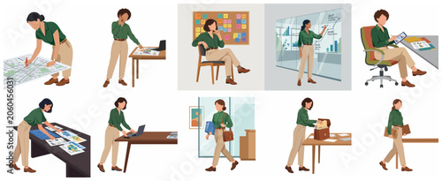 Foto Set of professional business woman characters in various office activities, plan