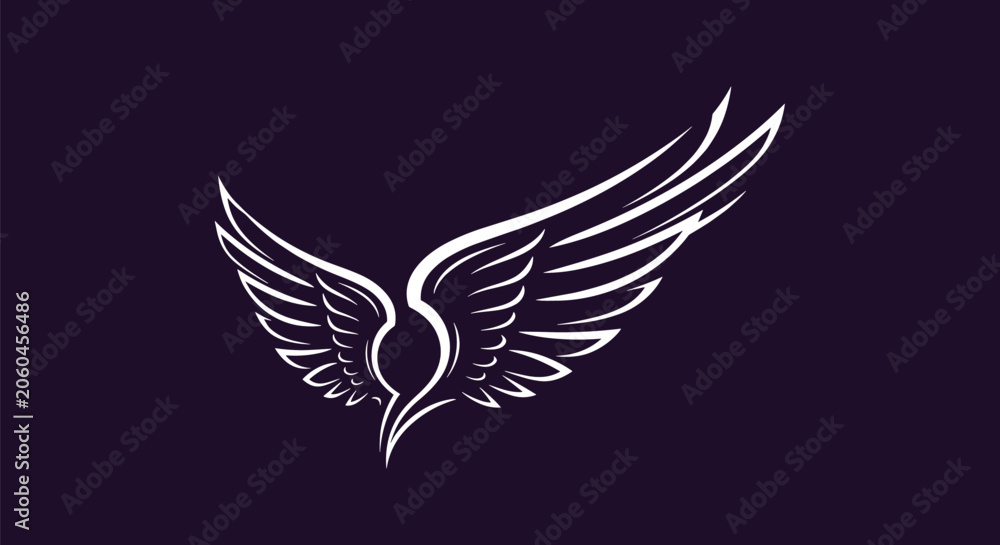 Fototapeta premium Abstract white tribal style wings drawn with dynamic flowing lines on a solid dark purple background, vector design.