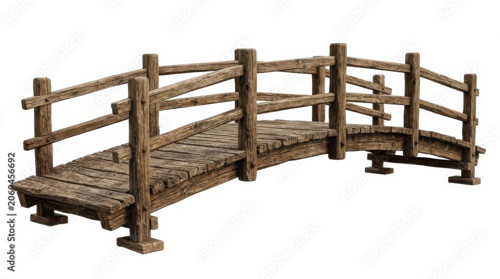Obraz premium Rustic wooden bridge isolated on a white background for professional nature and landscape themes. This high-quality organic