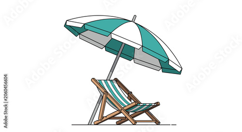 Relaxing striped wooden beach chair set beneath a matching large teal and white sun umbrella on a white background.