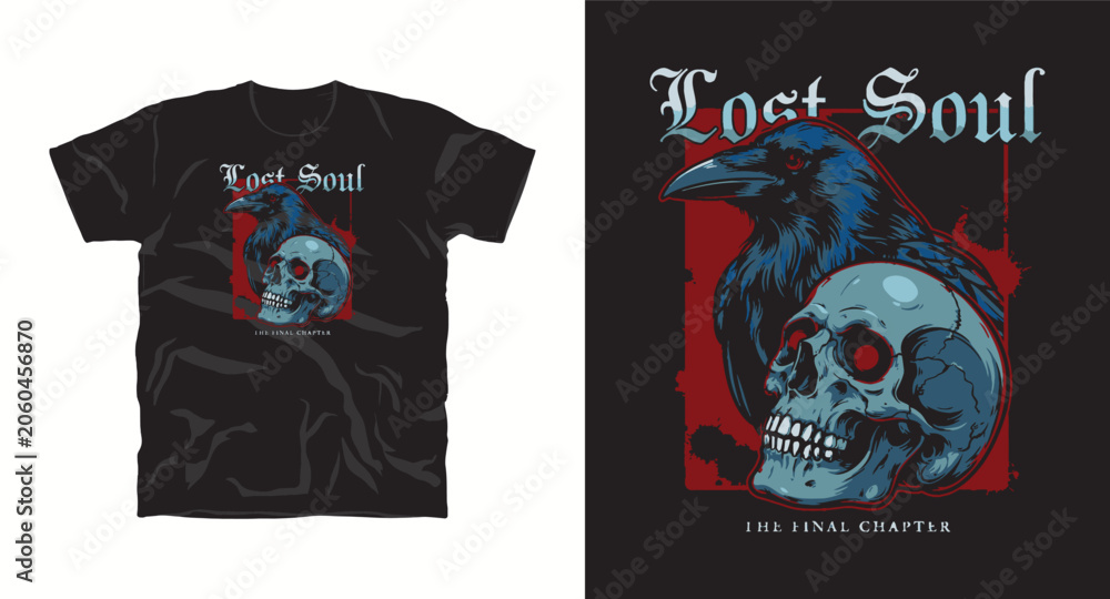 Fototapeta premium Lost soul text, raven and skull, the final chapter text, distressed look, dark art.