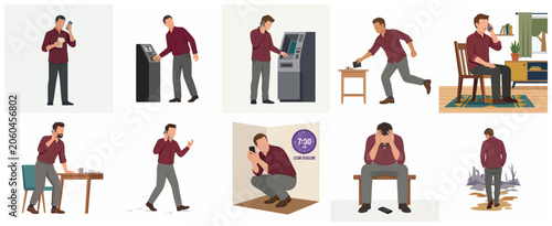 Fotografie Sequence of a man being targeted by phone scam and financial fraud flat vector illustration