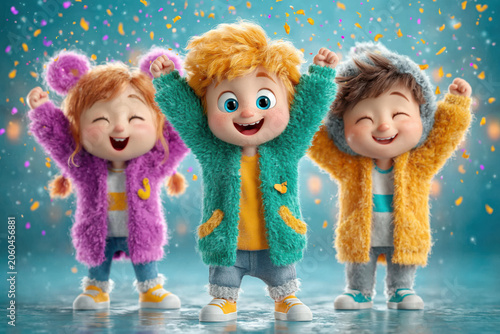 Happy children cartoon characters celebrating with colorful confetti wearing bright fluffy jackets and sneakers