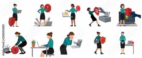 фотографія Businesswomen cybersecurity and data protection concept illustration set