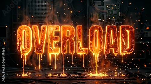 Burning Overload text made of bright glowing molten lava on a dark background.