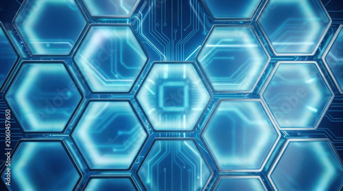 Technology abstract hexagon circuit microchip network blue futuristic digital Abstract technology background featuring blue hexagon grid, circuit board lines, glowing microchip center