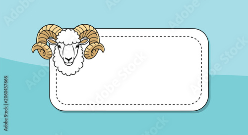Cute cartoon ram or sheep character with big horns peeking over an empty rectangular banner on blue background.