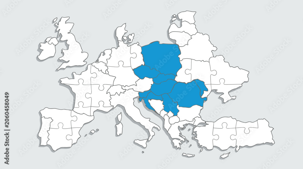 Fototapeta premium White map puzzle pieces with blue regional highlight on clean background, map, puzzle, geography, region, blue, white, territory,