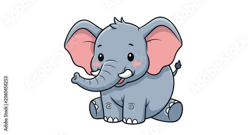 Cute baby elephant sitting down on white background represents friendly jungle animal cartoon, childish print, and wildlife.