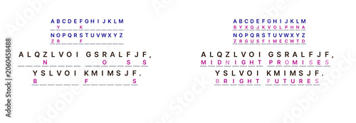 Εκτύπωση καμβά A New Year-themed cryptogram with substitution letter, phrase Midnight promises, bright futures, with 5 open letters