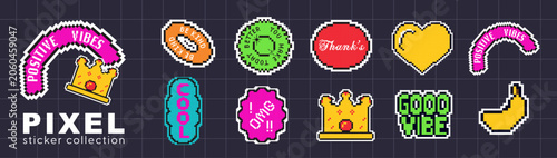Set of retro pixel art stickers. Trendy colorful badges for adding a playful, nostalgic vibe to digital projects, social media, games etc. Fun 8bit emoji shapes, patches.